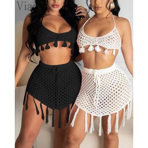 Summer Beach 2 Piece Set Women Solid Color Knitted Sleeveless Hollow Tassel Halter Top & Drawstring Skirts Set