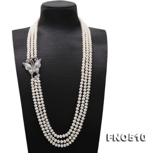 Fashion Elegant Ladies Necklace White Round Natural Freshwater Pearl Long Necklace Red Rhinestone Butterfly Jewelry Loving Gift