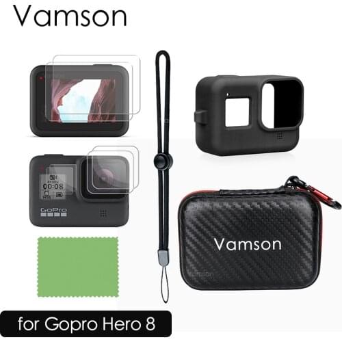 Vamson Accessories Kit for GoPro Hero 8 with Black Silicone Rubber Protective Case + Ultra Clear Tempered Glass Screen Protector