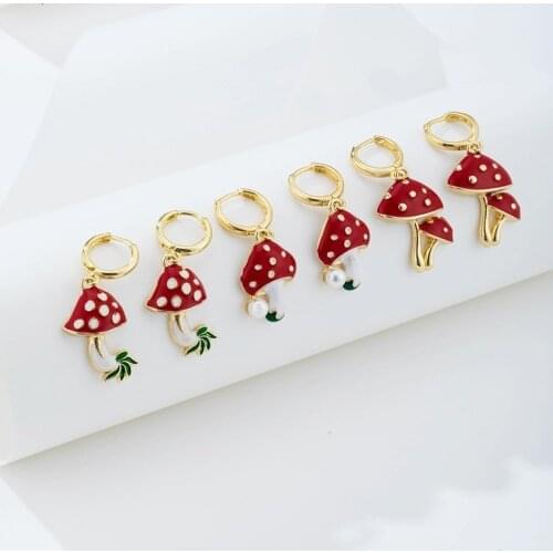 New Cute Dot Mushroom Dangle Drip Oil Earrings Statement Funny Creative Alloy Long Alloy Ear Ring for Women Party Jewelry Gift