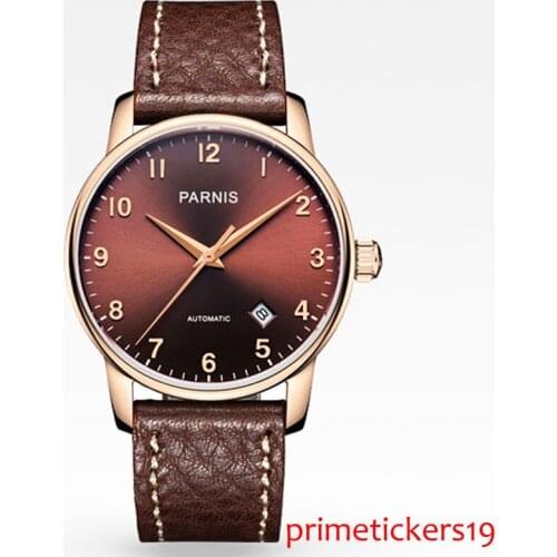 Luxury 38mm PARNIS coffee dial rose golden case coffee leather strap sapphire glass automatic mens watch 824