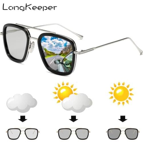 LongKeeper Classic Photochromic Sun Glassses Men Tony Stark Iron Man Metal Goggle Women Chameleon Pilot Square Sunglasses UV400