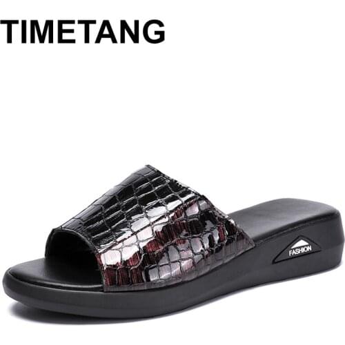 TIMETANG Women Slippers Genuine Leather Shoes Casual Slides Women Summer Shoes Solid Mother Shoes Wedges Flip FlopsE779