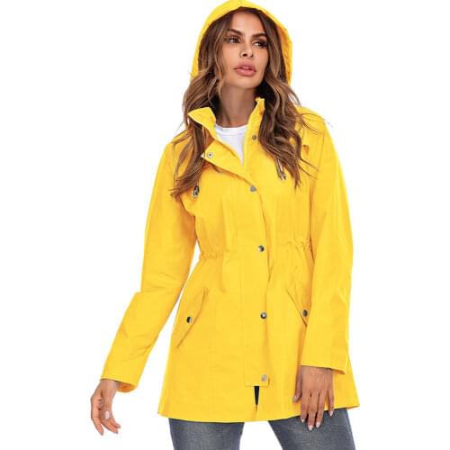 Girls Yellow Long Sleeve Outdoor Sports Jacket Hooded Zip Up Rainproof Raincoat Women Trench Coat Oversized Female Outerwear Xxl