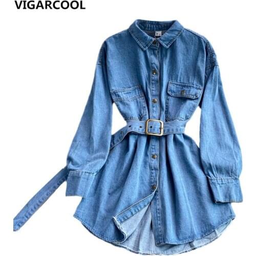 Mid-length adjustable belt is thin denim Coat 2021 New POLO collar retro-breasted large pocket professional denim jacket Female