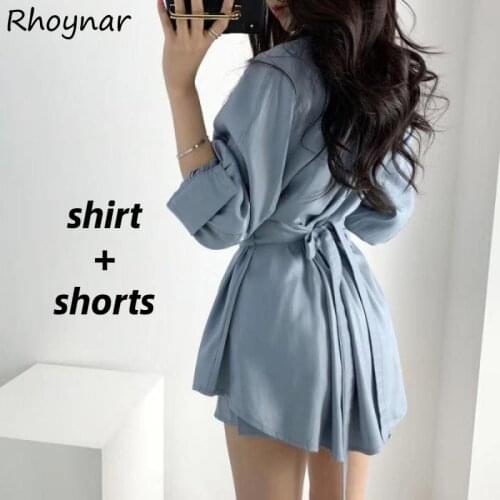 Short Sets Women Chic Spring Ulzzang Comfort All Match 2pcs Tunic Puff Sleeve High Waist Simple Streetwear Casual Outfit Tops