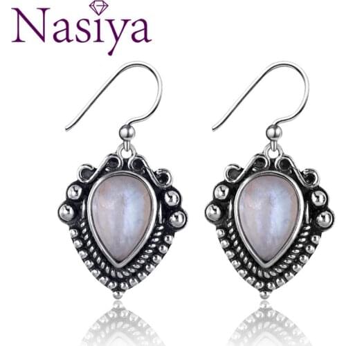 Nasiya Natural Blue Water Drop Moonstone Womens Earrings 925 Sterling Silver Vintage Jewelry Engagement Party Anniversary Gift