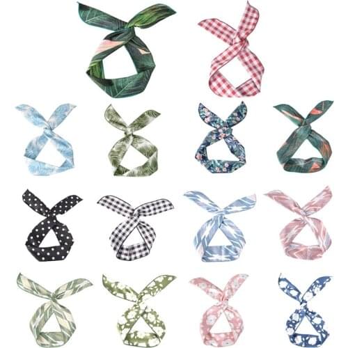 40GB 13 Colors Boho Vintage Fresh Headband Women Twist Iron Wired Hairband Cute Rabbit Ears Bowknot Tropical Leaf Floral Print