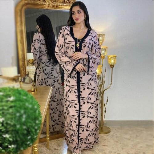 Floral Pink Dubai Muslim Arabic Clothes Plus Size Summer Maxi Long Dress for Women V Neck print Long Sleeve Abaya Dresses