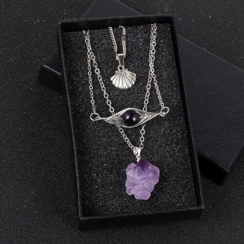 Boho Multi Layer Natural Stone Crystal Shell Eye Pendant Necklace For Women Silver Color Choker Chain Party Wedding Jewelry Gift