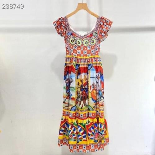 Vintage Midi Dress Womens Square Collar Ruffles Sleeves Print Ladies Party Runway Hot Sale Pleated Popular Dress