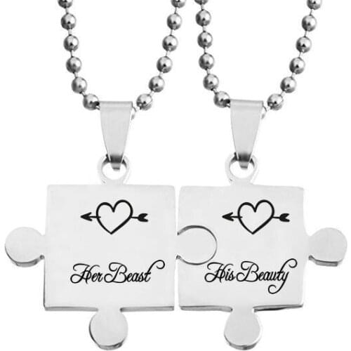 2PCS/SET His Beauty Her Beast Couples Necklace Puzzle Piece Titanium Steel Pendant NecklaceS Jewelry GiftS