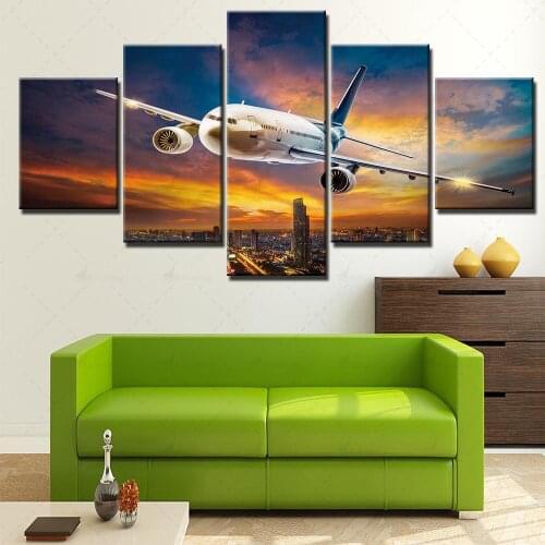 Home Decoration Wall Art 5 Set Canvas Sunset Paintings Airplane Pictures Hd Prints Modern City View Poster Bedroom Modular Frame