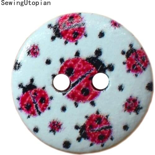 50PCS Round Wood Shape Apparel Sewing Buttons Ladybug Painting for Clothes Scrapbooking Decorative Handicraft DIY Accessories