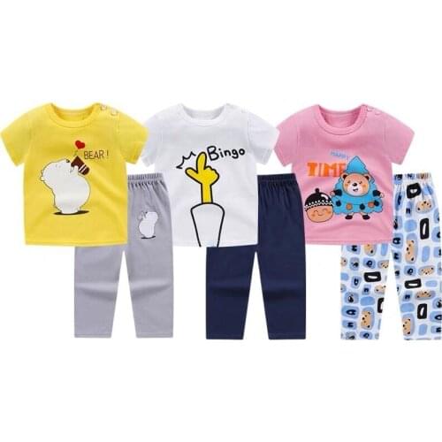 Baby Boys Girls Home Air-conditioning Suit Thin Summer Kids Short Sleeve T-shirt Trousers Sets Childrens Casual Pajamas Suit
