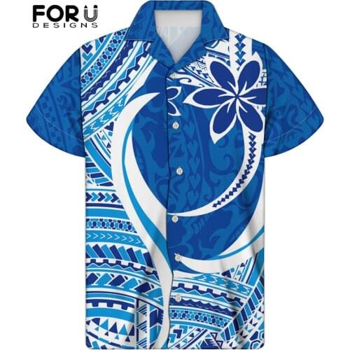 FORUDESIGNS Color Polynesian Pattern Plumeria Men Shirts Short Sleeve Classic Button-Down Collor Vacation Retro Clothes Homme