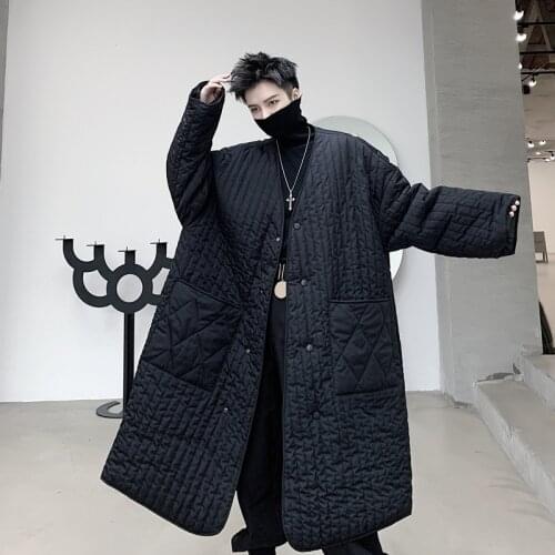 Men Japan Streetwear Include Scarf Thin Cotton Padded Long Coat Outerwear Male Casual Loose Parkas Jacket Overcoat