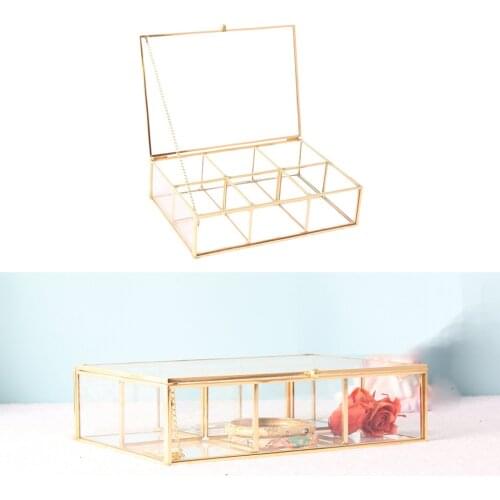 Golden Glass Jewellery Organizer Rectangular Lidded Metal Clear Display Lipstick Perfume Treasure Storage Dresser Decoration