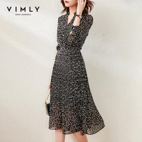 VIMLY Summer Womens Dress Elegant V Neck High Waist Elastic Floral Dress Summer Beach Pleated Dress Female Vestidos F6729