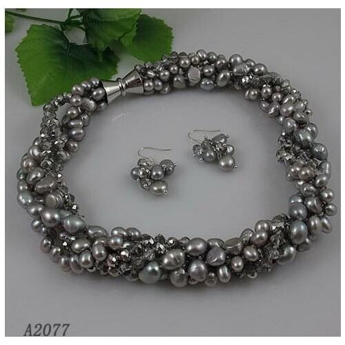 Terisa Pearljewelry Gray Color Crystal Beads Natural Freshwater Pearl Necklace Magnet Clasp Perfect Chirstmas Gift Jewellery