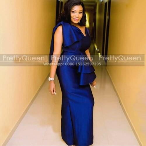 Royal Blue Satin Prom Dresses Mermaid Elegant Women Bow V Neck Sleeveless Long Prom Dress Robe De Soiree De Mariage