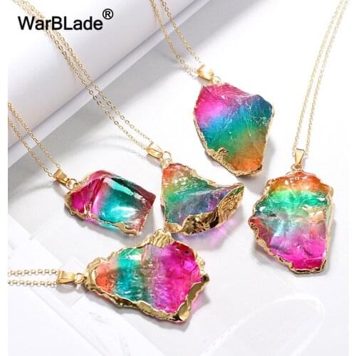 WarBLade New Rainbow Natural Stone Quartz Pendant Necklace Colorful Irregular Crystal Stone Pendants Gold Side Necklaces Women