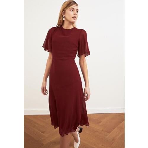 Burgundy Basic Chiffon Dress TWOSS20EL0908 Floral Midi A-line Short Sleeve Woven Casual Bicycle Collar