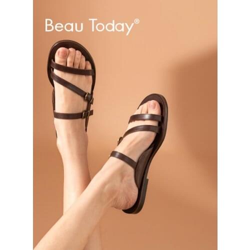 BeauToday Gladiator Slippers Women Cow Leather Open Toe Metal Buckle Summer Beach Concise Ladies Flat Shoes Handmade 36191