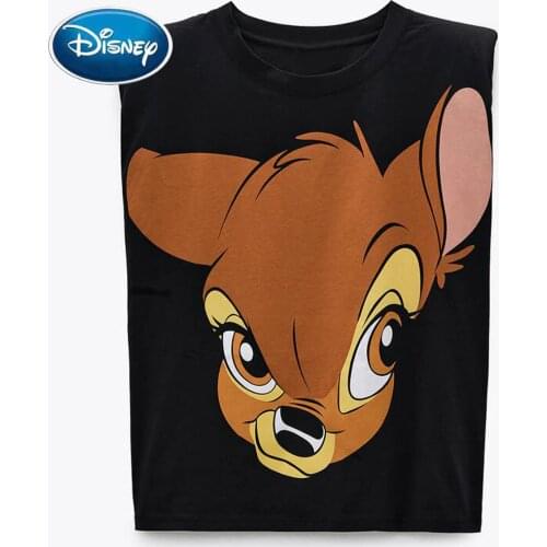 Disney T-Shirt Vintage Sleeveless Shoulder Pad Bambi Deer Cartoon Print Harajuku Women T-Shirt O-Neck Chic Cotton Tee Top Female