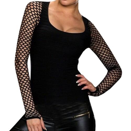 Women Sexy Slim tshirt O Neck Lace Panel Long Sleeve T-Shirt Mesh Patchwork Bottoming Sheer T Top