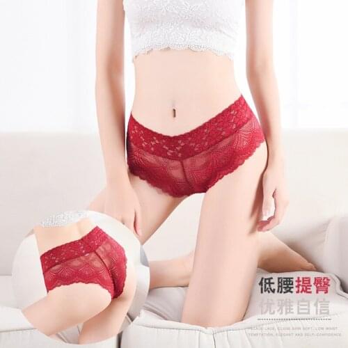 Womens Low Waist Briefs Pure Color Transparent Hollow Lace Wide Waist Close Fitting Cotton Crotch Panties