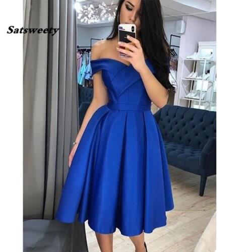 V-Neck Off The Shoulder Royal Blue Knee Length Graduation Homecoming Dresses With Ruched Satin Dress Prom Party Gowns 2020