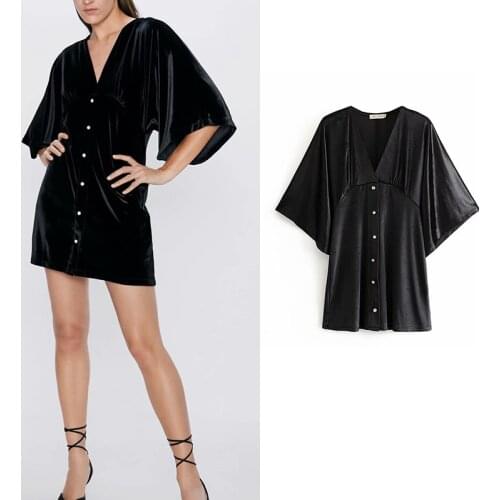 Women casual vintage vestidos velvet button decoration black dress women high waist a-line vestidos de fiesta de noche elegant