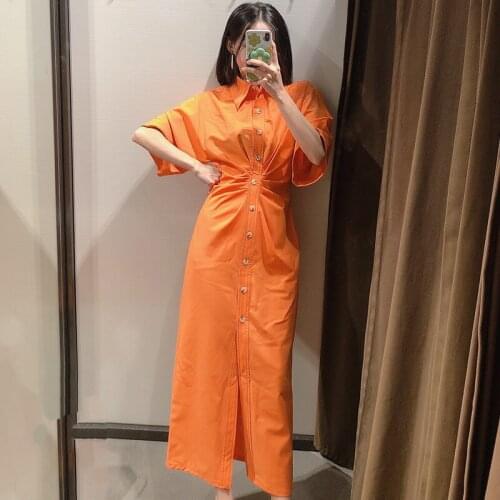 2021 Summer Shirt Dress Woman Wrinkled Midi Vintage Elegant Button-Up Short Sleeve Casual Korean Fashion Robe Female Clothing