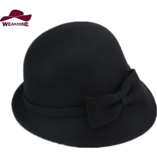 2017 New womans caps Fedora Hats Wool Fedoras Vintage church hats with big Bow cappello bombetta hats chapeau feutre