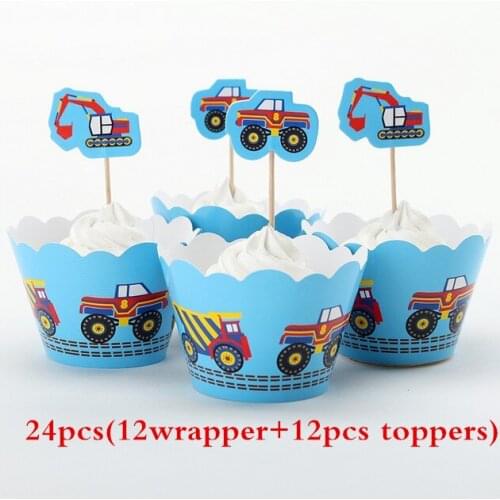 24pcs Truck Cupcake Wrappers &Toppers Kids Birthday Party Accessories Engineering Car Cupcake Decorations Supplies