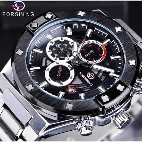 Forsining Inspire Sport Series Black Automatic Watch Stainless Steel Waterproof Business Date Watch Luminous Mechanical Clock
