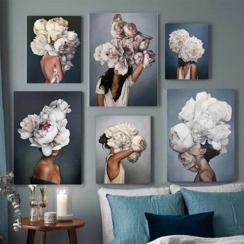 Flowers Feathers Woman Abstract Canvas Painting Wall Art Print Poster Picture Decorative Painting Living Room Home Decoration