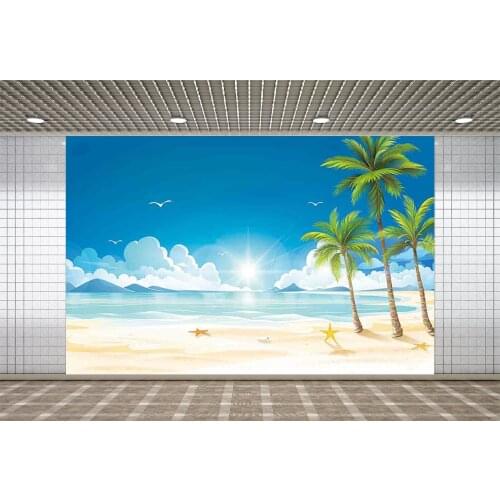 Lyavshi Backdrop Blue Sky Bright Clouds Sea Beach Seagull Coconut Tree Summer Travel Holiday Outdoor Background for Photo Studio