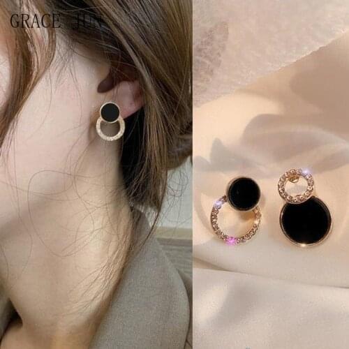 GRACE JUN 2021 New Gold Color Black Circle Clip on Earrings Women Fashion Statement Rhinestone Cuff Earrings Ear Clip Jewelry