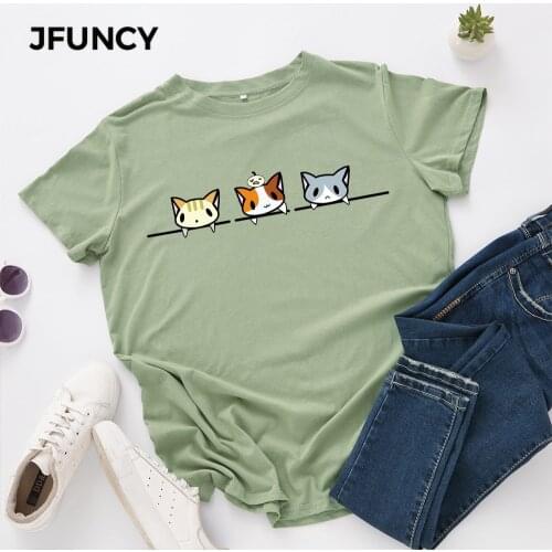 JFUNCY Plus Size S-5XL Women T-shirts Female Short Sleeve Tee Tops Cute Cat Print Woman Casual Tshirt 2020 Summer Cotton T Shirt