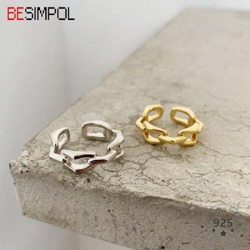 Besimpol 100% Real 925 Sterling Silver Rings Simple Bumpy Curb Chain Adjustable Ring For Women Fashion Fine Jewelry Wedding Gift