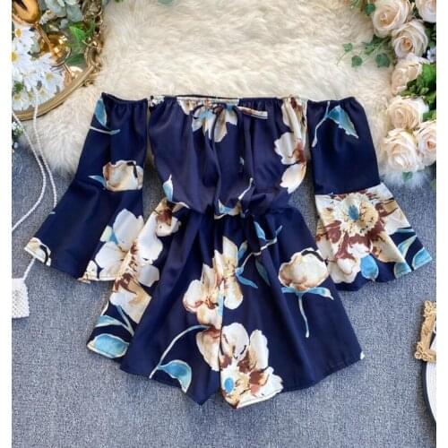 Womens spring summer sexy slash neck flower print slim jumpsuit female high waist wide leg short pants chic overall TB169