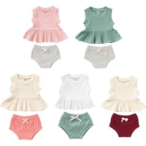 2PCS Newborn Baby Girls Clothes Ruffle Sleeveless T-shirt Top Short Pants Baby Girl Summer Clothing Outfit 0-24M