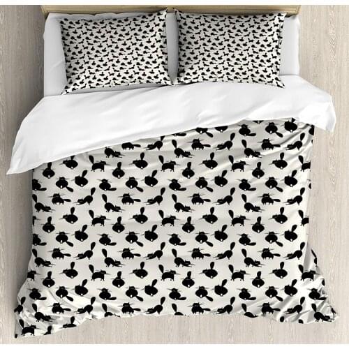 Cat Duvet Cover Set Funny House Pet Silhouettes with Various Poses Cartoon Style Abstract Animal Doodles Decorative 3 Piece Bed