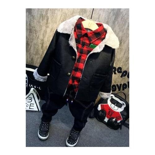 Boys suit fashion winter cotton warm childrens clothes set jeans + plus velvet shirt + thick coat three-piece