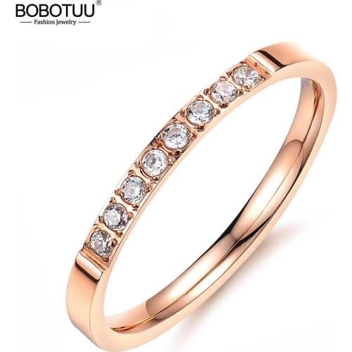 BOBOTUU New Arrival Rose Gold Color Simple Rings Jewelry Inlaid Cubic Zirconia For Women Stainless Steel Wedding Ring BR19171