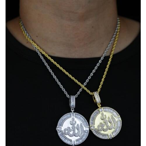 Hip Hop Iced Out Round Allah Pendant Necklace Gold Silver Color Islam Muslim Arabic Prayer Jewelry For Women Men Drop ship
