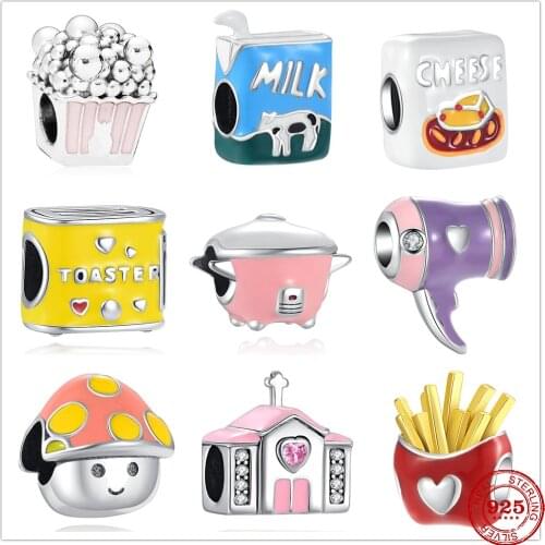 Genuine 925 Sterling Silver Hair Dryer Mushroom Pot Spider Charm Beads Fit Original Pandora Bracelet Charm Jewelry Gift