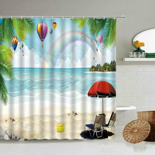 Sunny Ocean Beach Shower Curtain Starfish Rainbow Coconut Summer Vacation Bathroom Bathtub Blackout Waterproof Cloth Screen Set